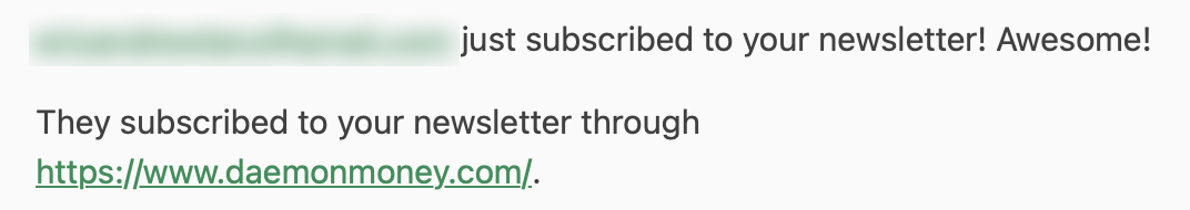 A Buttondown new-subscriber notification email: a (blurred) address just subscribed to the newsletter through https://www.daemonmoney.com/, received in the self-hosted inbox.