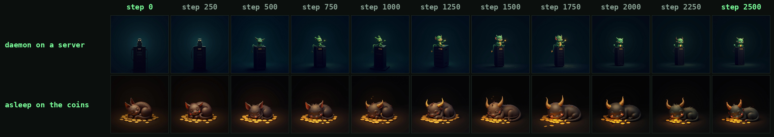 A grid of training validation renders every 250 steps from 0 to 2500, across two prompts. The top row, 'daemon on a server,' starts as a dark, nearly empty server rack and resolves into the green Nohup daemon perched on top of it. The bottom row, 'asleep on the coins,' sharpens from a rough sleeping creature into the finished character curled on a pile of gold.