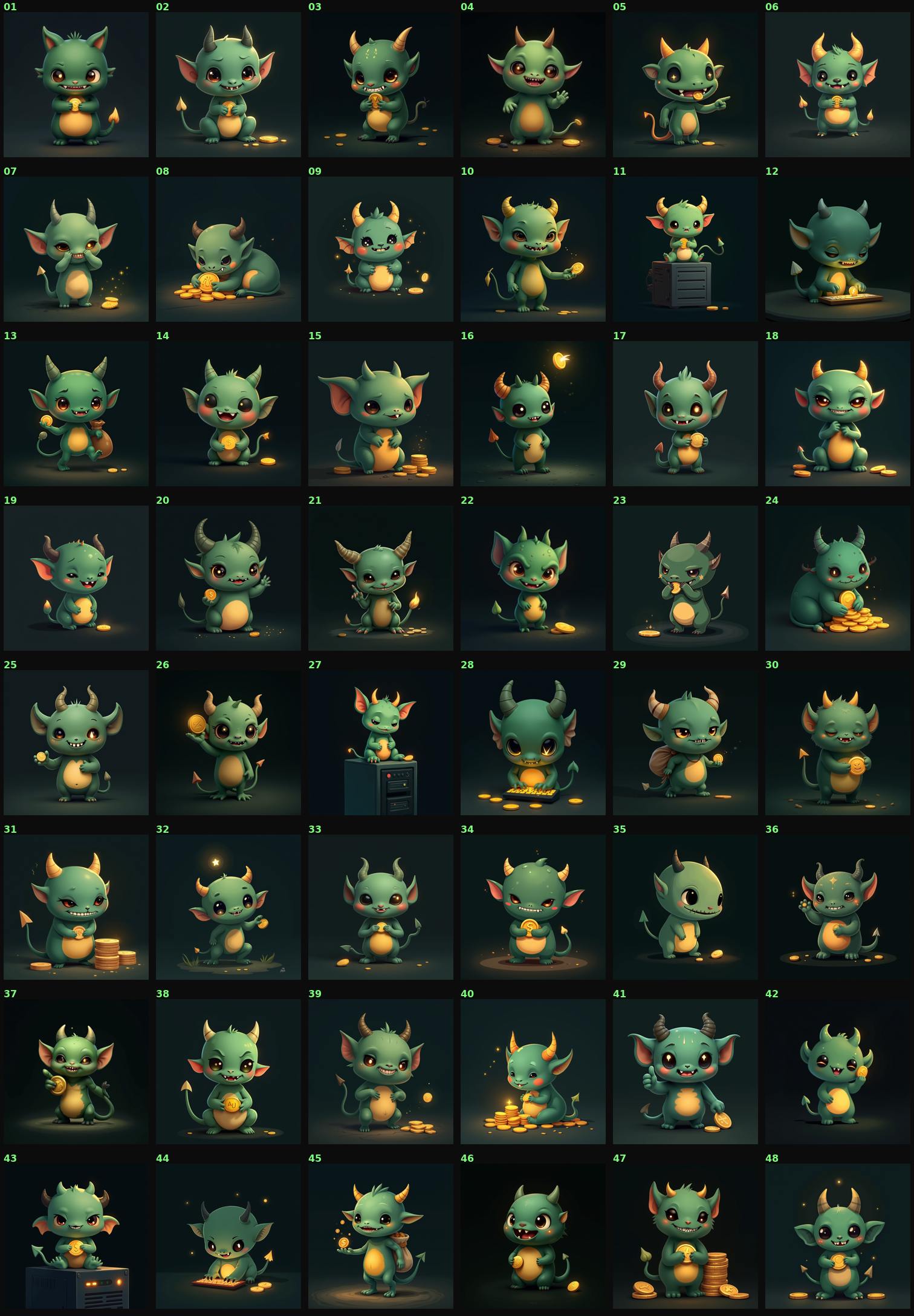 A numbered contact sheet of 48 Nohup renders in a six-column grid — the same green daemon-imp in varied poses, angles, and expressions: standing, sleeping, holding coins, perched on a server, some on-model and a few off-model.