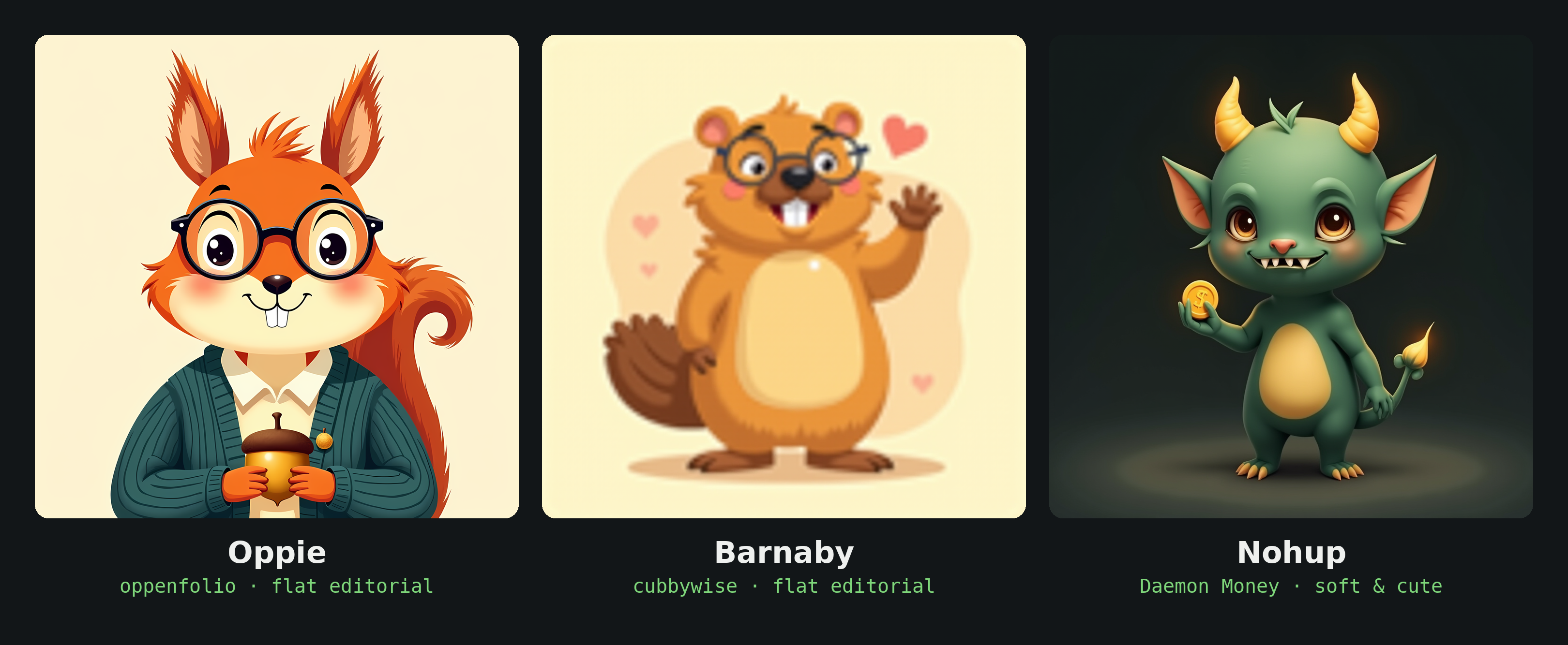 Three mascots side by side. Oppie, a bespectacled orange squirrel for oppenfolio, and Barnaby, a bespectacled brown beaver for cubbywise, are both bright flat-editorial illustrations on cream backgrounds. Nohup, the green daemon for Daemon Money, is soft and cute on a dark background — visibly a different style from its two siblings.