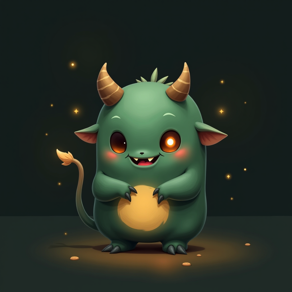 The finished Nohup character rendered on demand: a soft, cute green daemon-imp with gold horns, a coin-gold belly, and one normal eye plus one glowing cursor-eye, standing against a dark background scattered with gold sparks.