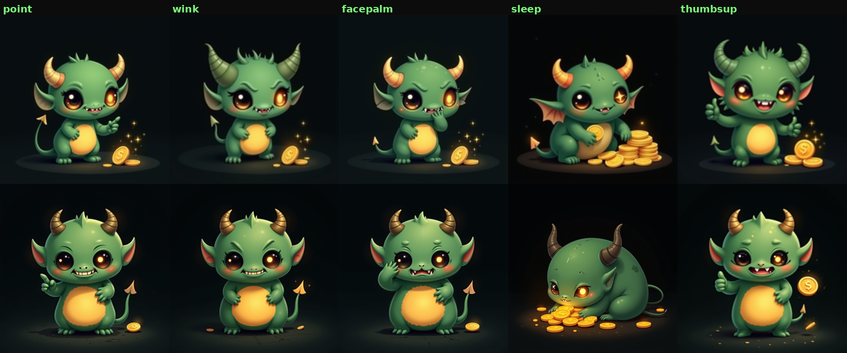 A grid of the Nohup character in five poses (point, wink, facepalm, sleep, thumbsup) across two rows — a soft, cute green daemon-imp with gold horns, a coin-gold belly, and glowing eyes, dead-consistent across every pose.